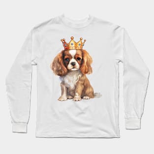 Watercolor Cavalier King Charles Spaniel Dog Wearing a Crown Long Sleeve T-Shirt